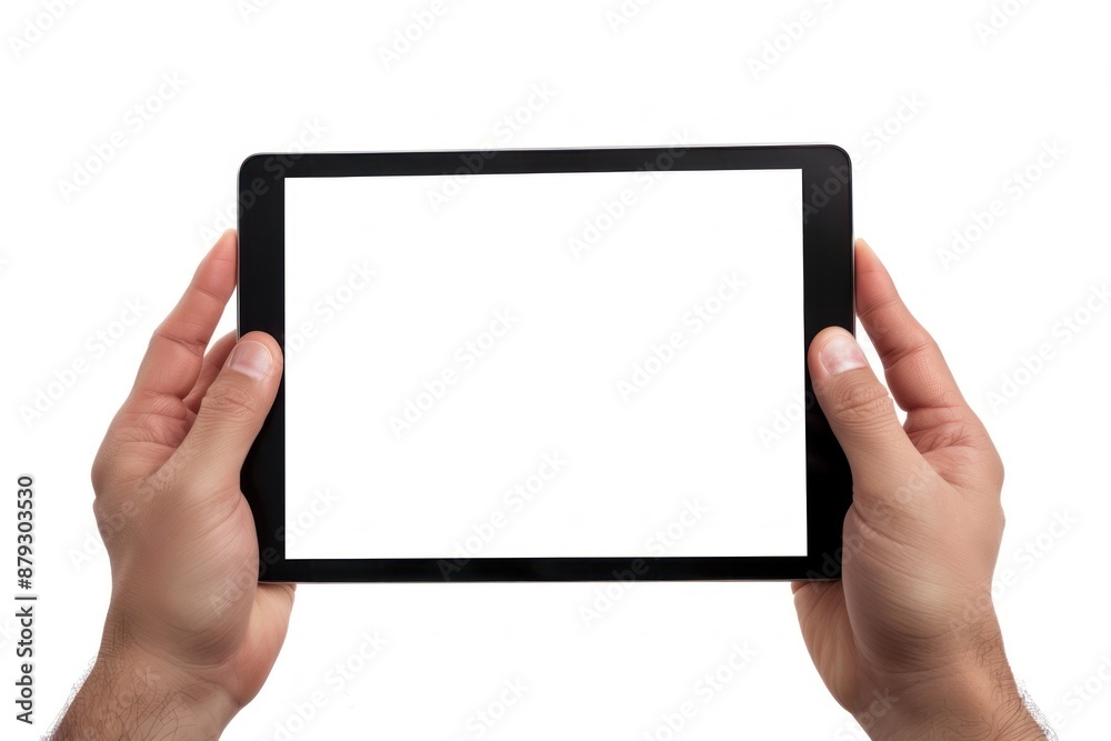 Showcase a close-up of hands holding a tablet device with a blank white screen, perfect for adding custom content Showcase a close-up of hands holding a tablet device with a blank white screen, perfect for adding custom content