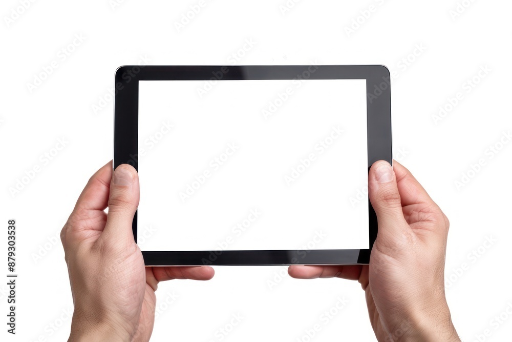 Showcase a close-up of hands holding a tablet device with a blank white screen, perfect for adding custom content Showcase a close-up of hands holding a tablet device with a blank white screen, perfect for adding custom content