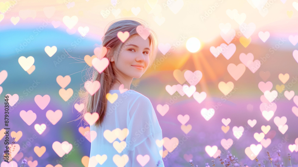 Beautiful Woman Smiling in a Serene Lavender Field with Floating Hearts. Glowing Sunset and Dreamy Nature Scenery Beautiful Woman Smiling in a Serene Lavender Field with Floating Hearts. Glowing Sunset and Dreamy Nature Scenery