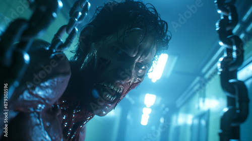 an evil zombie with sharp teeth and red liquid dripping from his mouth being held by many silver chains, in the background is a dimly lit futuristic space station hallway photo