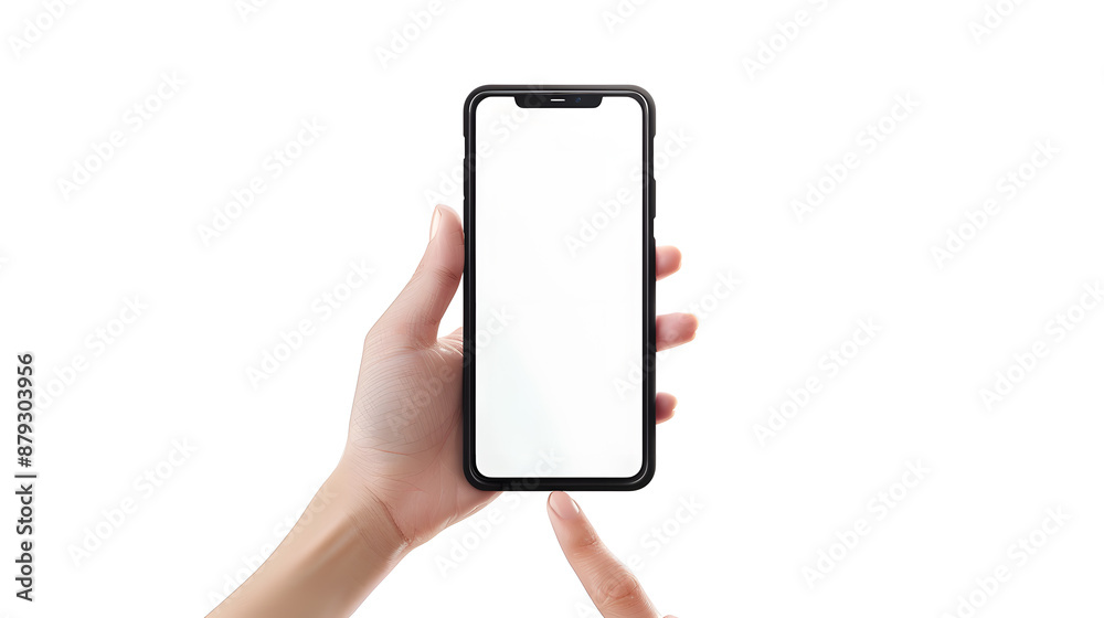 Hand holding smartphone blank display mock up isolated on white Hand holding smartphone blank display mock up isolated on white
