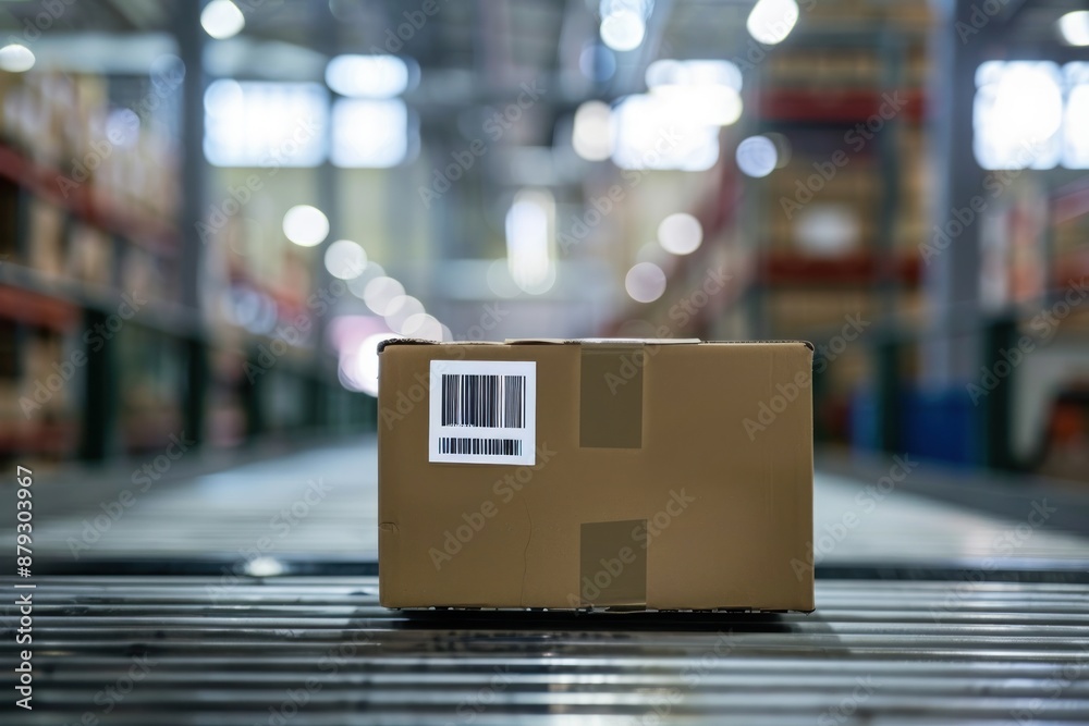 Single cardboard box with a shipping label and barcode, with a blurred background of a conveyor belt Single cardboard box with a shipping label and barcode, with a blurred background of a conveyor belt