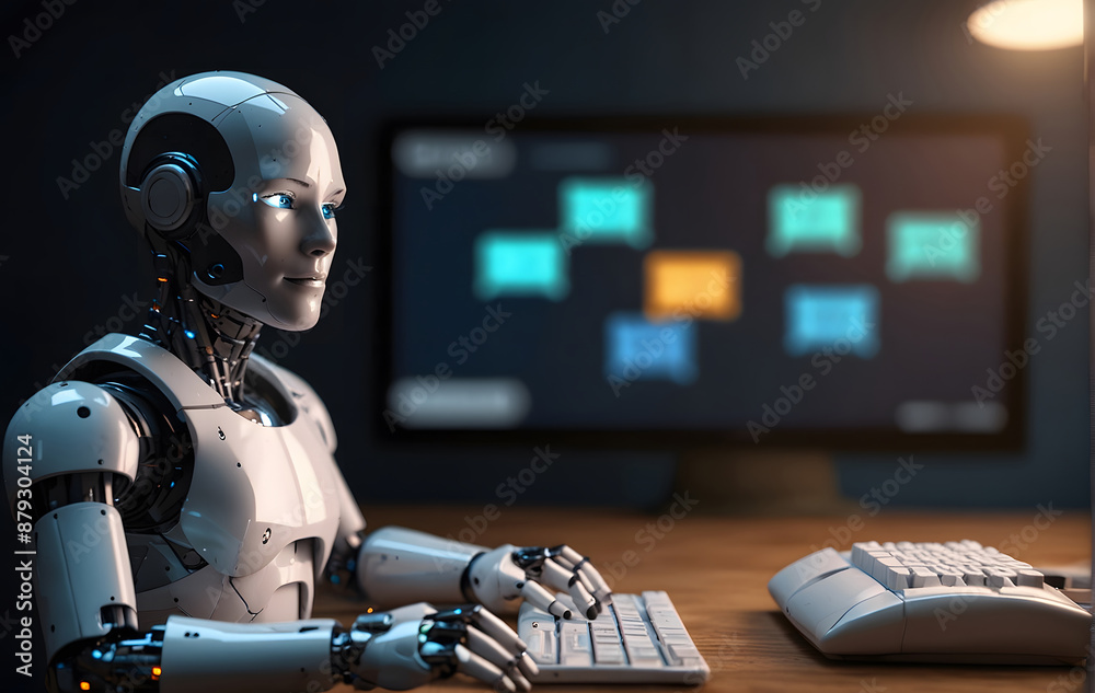 State-of-the-Art Humanoid Robot, AI-Powered Android Working on Computer in High-Tech Lab, AI-Powered robot chatting on computer State-of-the-Art Humanoid Robot, AI-Powered Android Working on Computer in High-Tech Lab, AI-Powered robot chatting on computer