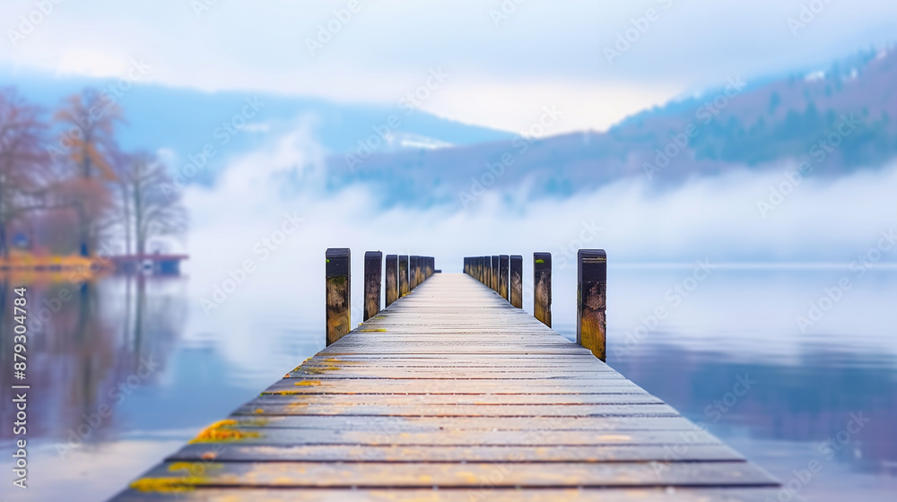 Serene Lakeside Wooden Pier with Misty Mountain Views. Peaceful Reflection and Natural Beauty Serene Lakeside Wooden Pier with Misty Mountain Views. Peaceful Reflection and Natural Beauty