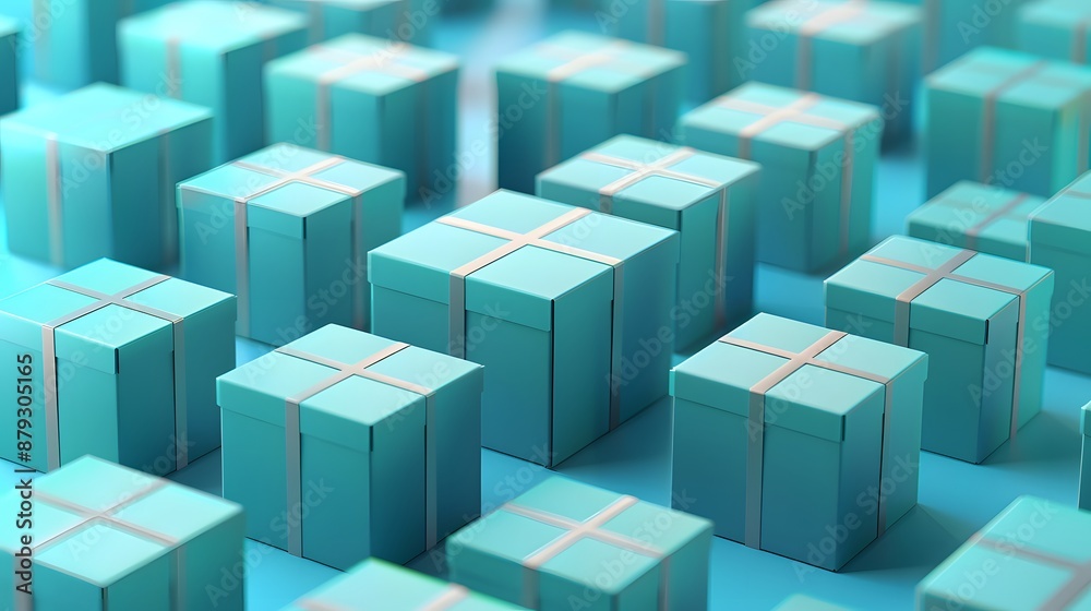 Array of neatly arranged turquoise gift boxes with white ribbons, creating a pattern. Ideal for festive, holiday, or celebration themes. Array of neatly arranged turquoise gift boxes with white ribbons, creating a pattern. Ideal for festive, holiday, or celebration themes.