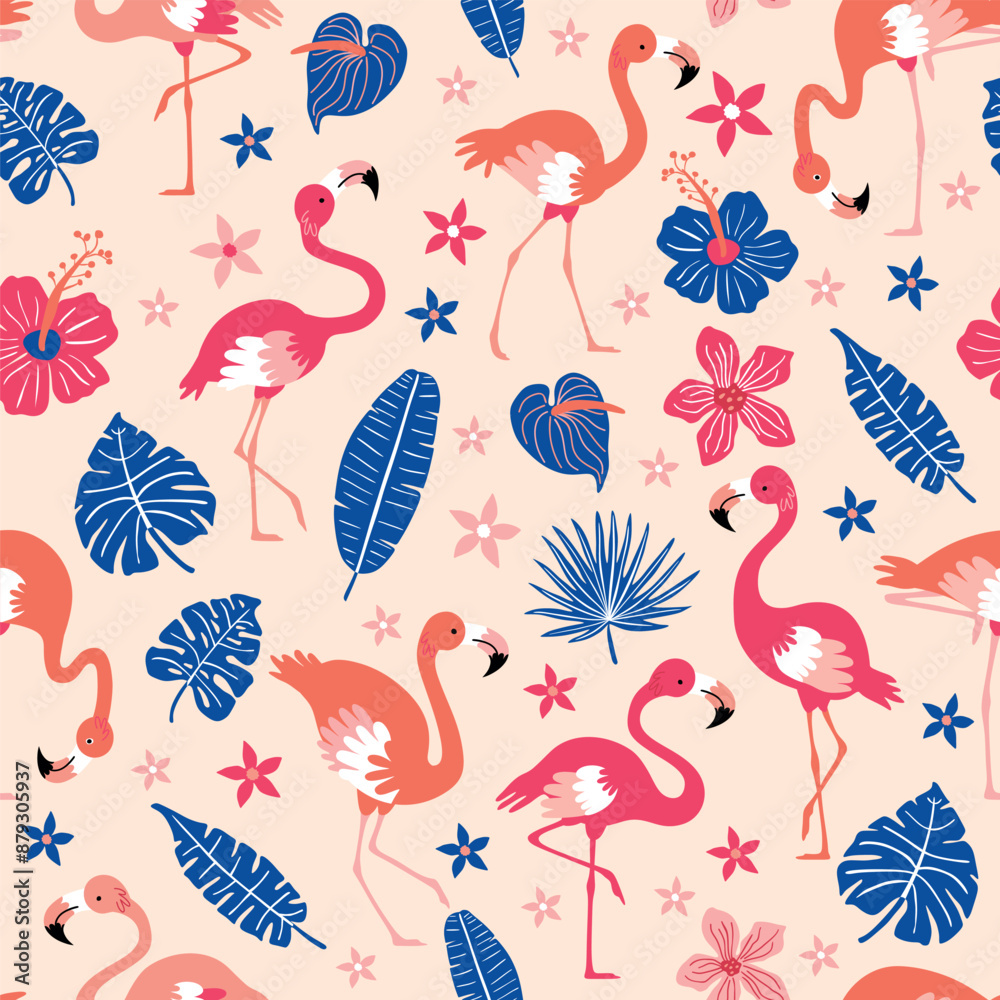 Pattern with pink flamingos and tropical leaves on pink background. Pink flamingo in flat style. Seamless pattern for textile, wrapping paper, background. Pattern with pink flamingos and tropical leaves on pink background. Pink flamingo in flat style. Seamless pattern for textile, wrapping paper, background.