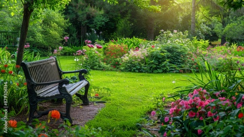 Fototapeta Naklejka Na Ścianę i Meble -  A tranquil garden with a bench and blooming flowers, ideal for relaxation and meditation. High quality images
