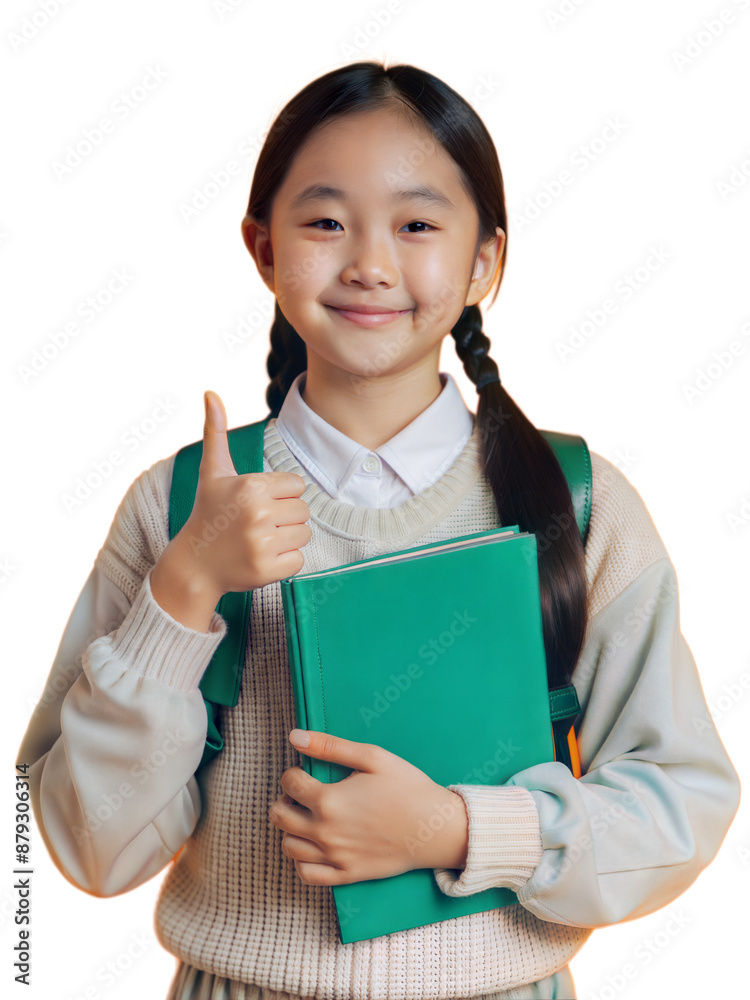 School girl holding book and satisfied smile with thumb up, back to school concept, png format, isolated on white background School girl holding book and satisfied smile with thumb up, back to school concept, png format, isolated on white background