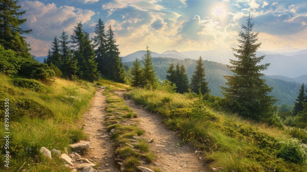 A scenic hiking trail through a mountainous area, perfect for outdoor exercise and exploration. High quality images A scenic hiking trail through a mountainous area, perfect for outdoor exercise and exploration. High quality images