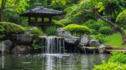 A peaceful garden scene with a water feature, ideal for meditation and relaxation. High quality images