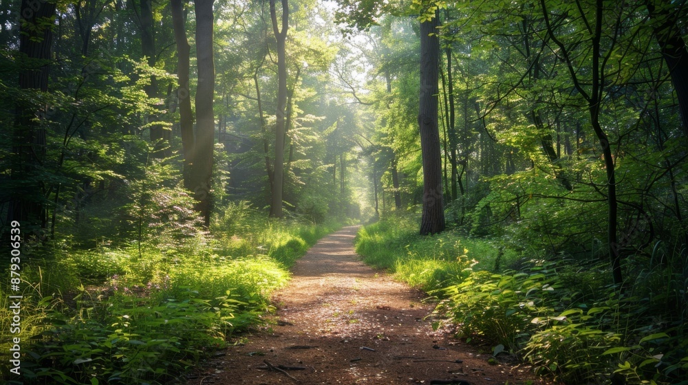 Obraz premium A tranquil forest path with sunlight streaming through the trees, perfect for outdoor walks. High quality images
