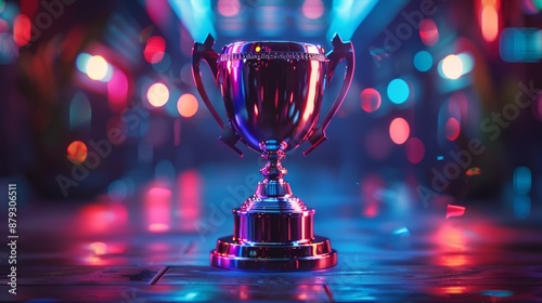 A futuristic 3D rendering of a trophy, incorporating holographic elements and futuristic materials, ideal for futuristic-themed events.