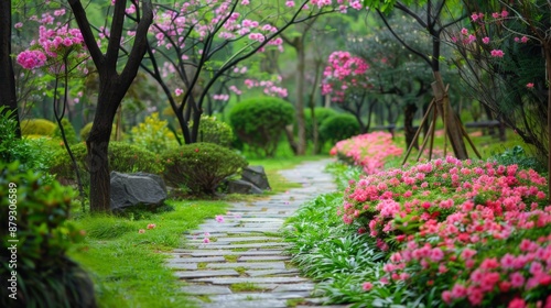 Fototapeta Naklejka Na Ścianę i Meble -  A peaceful garden with blooming flowers and a walking path, ideal for relaxation. High quality images