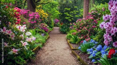 Fototapeta Naklejka Na Ścianę i Meble -  A peaceful garden with blooming flowers and a walking path, ideal for relaxation. High quality images