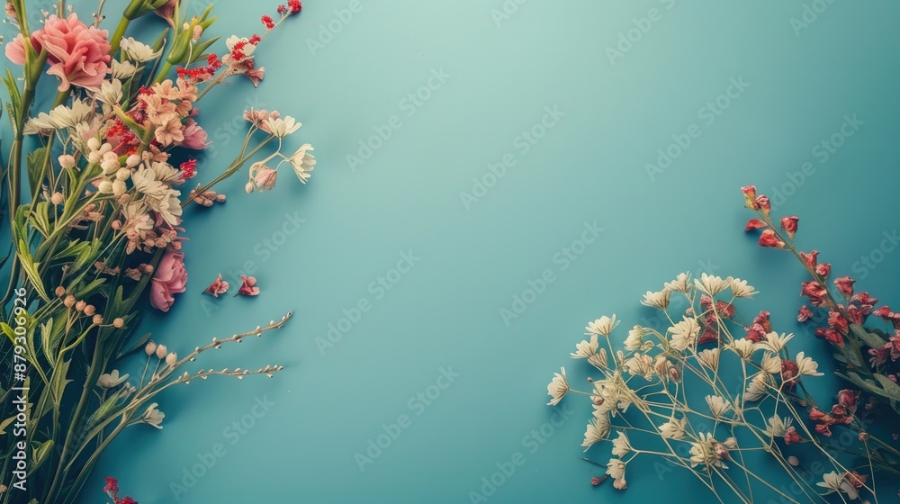 Floral display on blue background with space for text Floral display on blue background with space for text