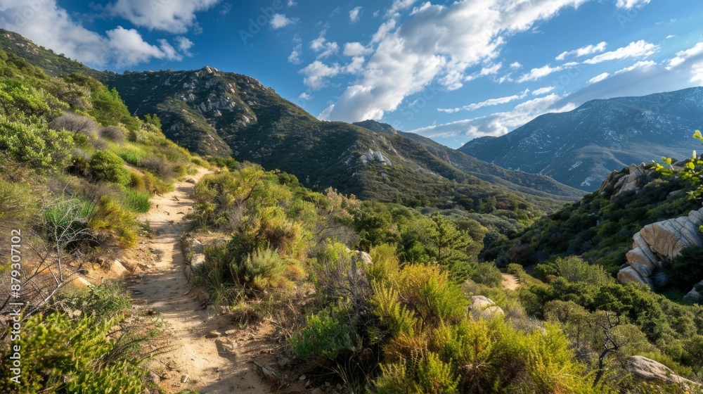 A scenic hiking trail through a mountainous area, perfect for outdoor exercise and exploration. High quality images