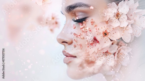 Surreal artistic portrait depicting a woman's face blending with blooming flowers and glowing effects, showcasing beauty and creativity.