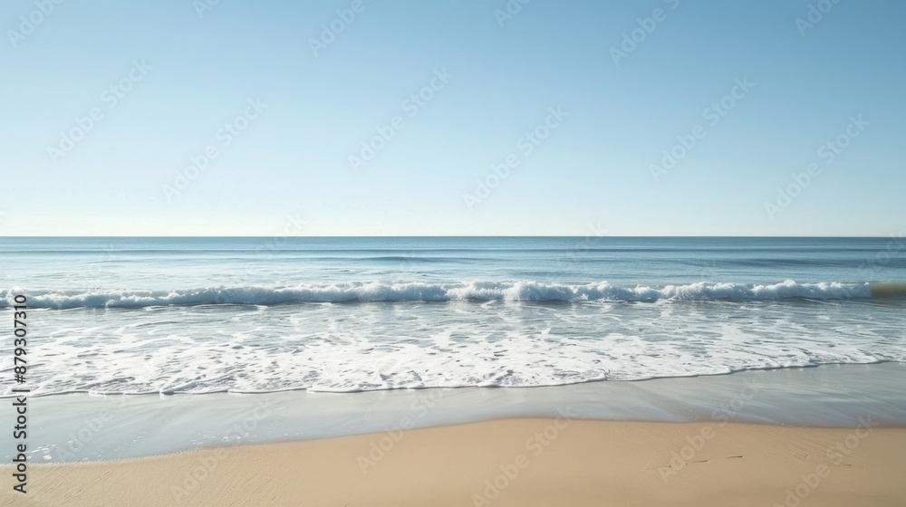 A calm beach scene with a clear sky and gentle waves, promoting mental well-being. High quality images A calm beach scene with a clear sky and gentle waves, promoting mental well-being. High quality images