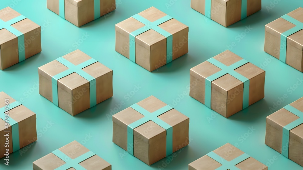 Neatly arranged small gift boxes with blue ribbons on turquoise background, perfect for shipping, delivery, and festive gift concepts. Neatly arranged small gift boxes with blue ribbons on turquoise background, perfect for shipping, delivery, and festive gift concepts.