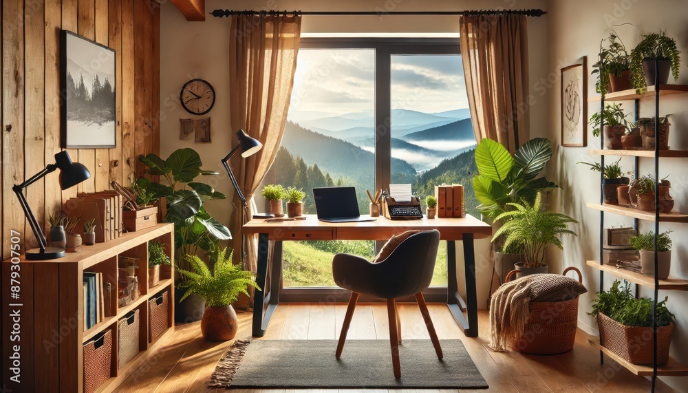 Fototapeta premium Cozy Home Office with Mountain View and Rustic Decor.