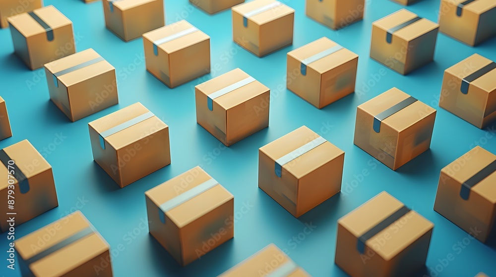 Rows of brown cardboard boxes with tape on a blue background, representing shipping, delivery, and logistics. Rows of brown cardboard boxes with tape on a blue background, representing shipping, delivery, and logistics.