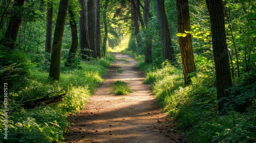 A tranquil forest path with sunlight streaming through the trees, perfect for outdoor walks. High quality images A tranquil forest path with sunlight streaming through the trees, perfect for outdoor walks. High quality images