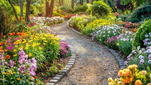 Fototapeta Naklejka Na Ścianę i Meble -  A peaceful garden with blooming flowers and a walking path, ideal for relaxation. High quality images
