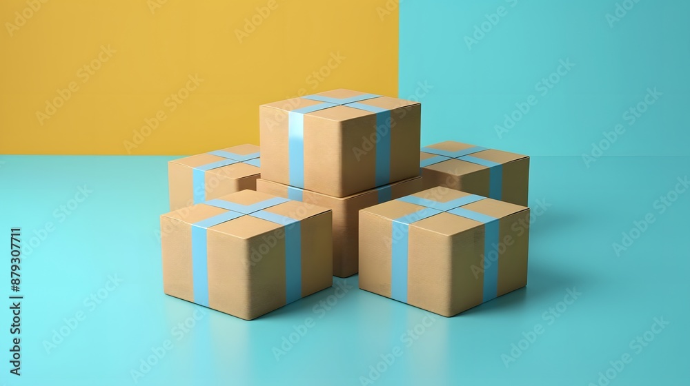 Fototapeta premium Stack of cardboard boxes with blue tape on pastel blue and yellow background, representing shipping, delivery, or packaging concept.