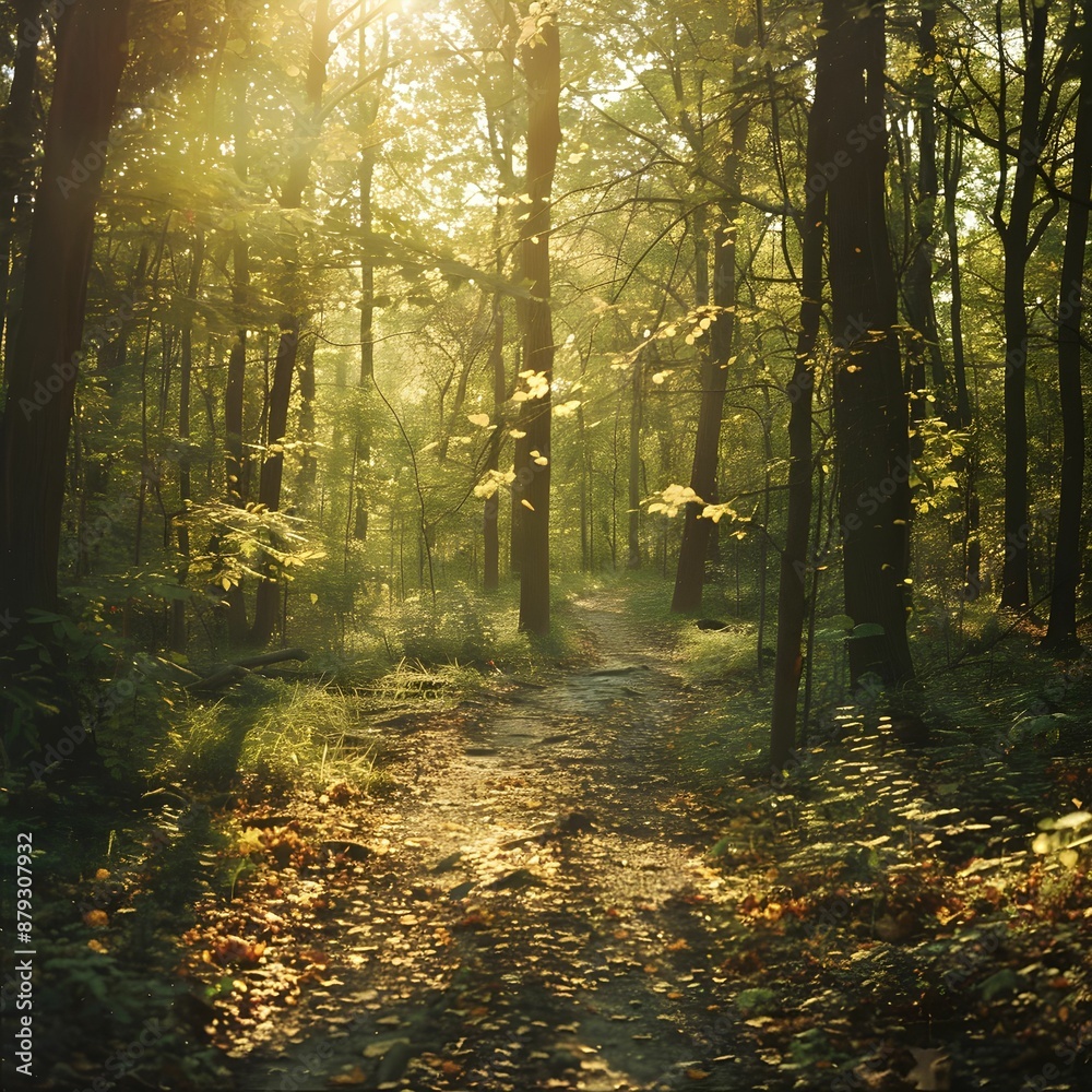 Fototapeta premium Sunlit Forest Path with Autumn Leaves and Morning Mist 