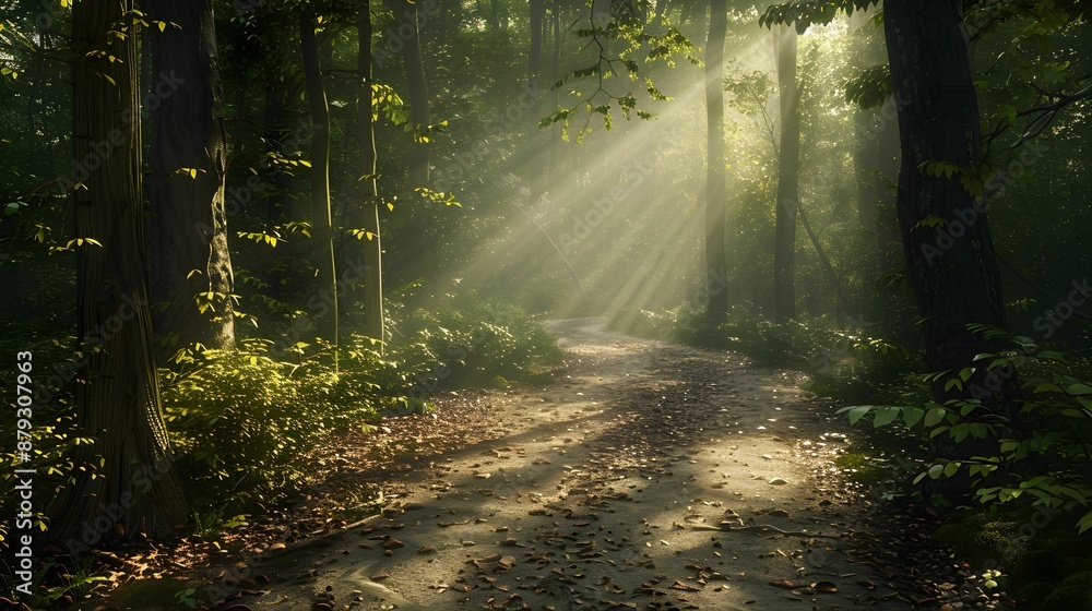 Fototapeta premium Sunlit Forest Path with Autumn Leaves and Morning Mist 