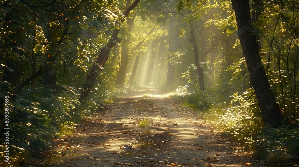 Obraz premium Sunlit Forest Path with Autumn Leaves and Morning Mist 