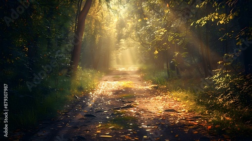 Sunlit Forest Path with Autumn Leaves and Morning Mist 