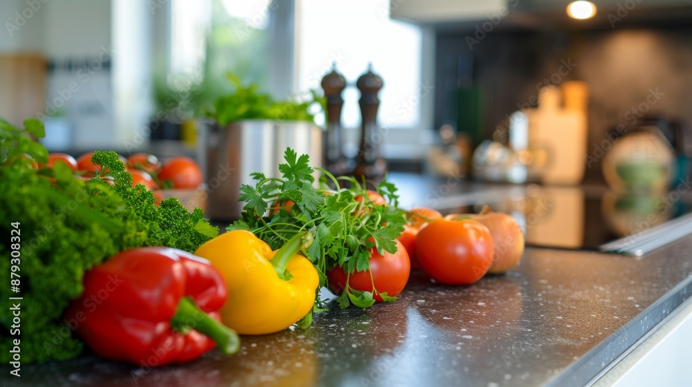 A set of neatly arranged fresh vegetables on a kitchen counter, highlighting healthy cooking. High quality images A set of neatly arranged fresh vegetables on a kitchen counter, highlighting healthy cooking. High quality images