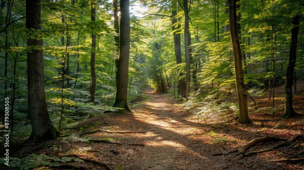A tranquil forest path with sunlight streaming through the trees, perfect for outdoor walks. High quality images A tranquil forest path with sunlight streaming through the trees, perfect for outdoor walks. High quality images