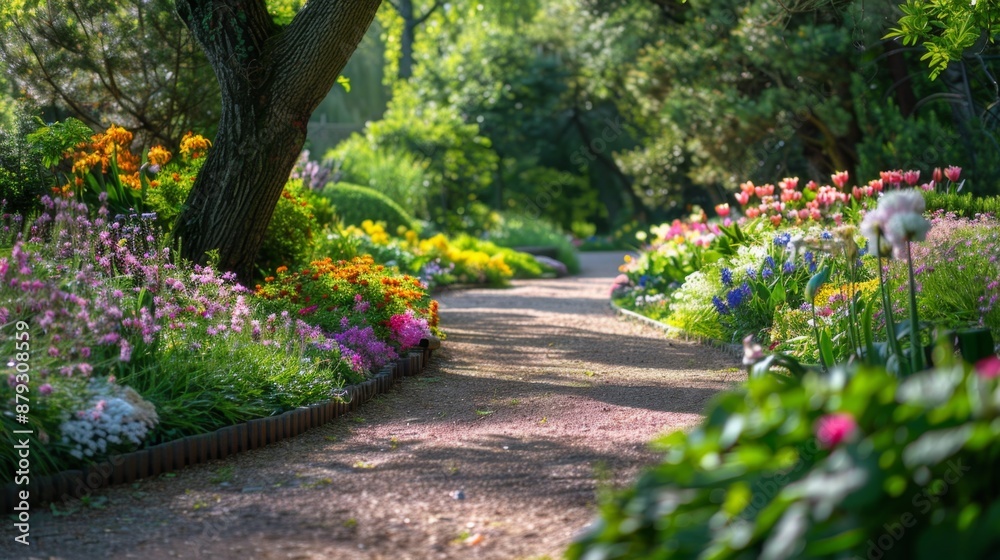 A peaceful garden with blooming flowers and a walking path, ideal for relaxation. High quality images A peaceful garden with blooming flowers and a walking path, ideal for relaxation. High quality images