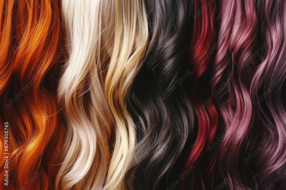 Naklejka premium Hair Colors Palette. Wavy Hair Colors in Blond, Red, Brown, and Dark with a Pop of Purple