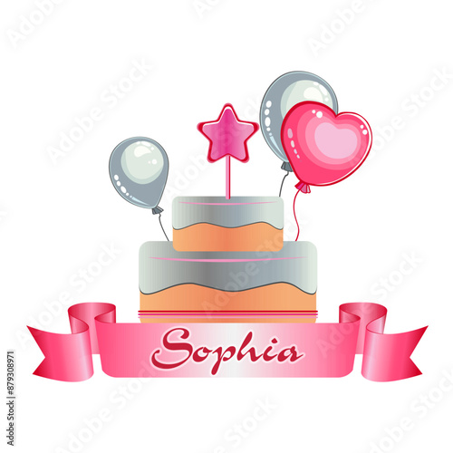Happy birthday card set with cake, balloons, calligraphy. Template in simple style script girl name Sophia for invitation card, thank you card, envelopes, t-shirt, sticker, greeting card. Vector 