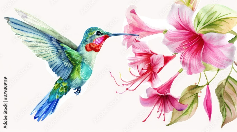 Fototapeta premium small bird hummingbird on a background of pink flowers and green leaves