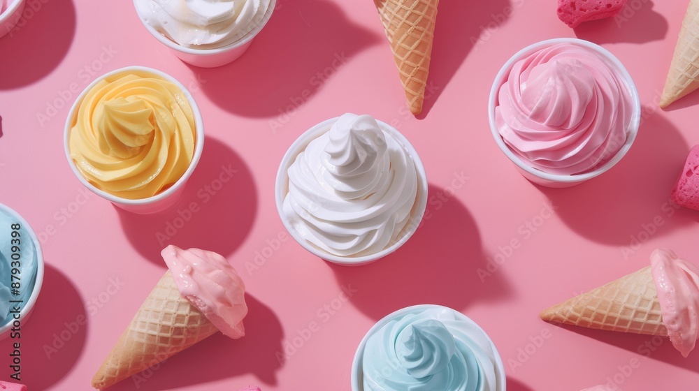 Colorful soft-serve ice cream cones on pink background Colorful soft-serve ice cream cones on pink background