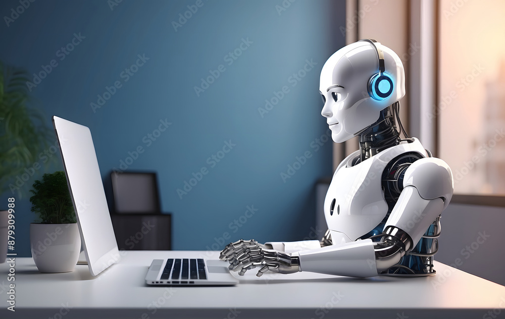 State-of-the-Art Humanoid Robot, AI-Powered Android Working on Computer in High-Tech Lab, AI-Powered robot chatting on computer State-of-the-Art Humanoid Robot, AI-Powered Android Working on Computer in High-Tech Lab, AI-Powered robot chatting on computer