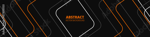 Black abstract wide horizontal banner with white, orange and gray lines, outlines and geometric shapes. Dark modern sporty bright futuristic horizontal abstract background. Wide vector illustration.