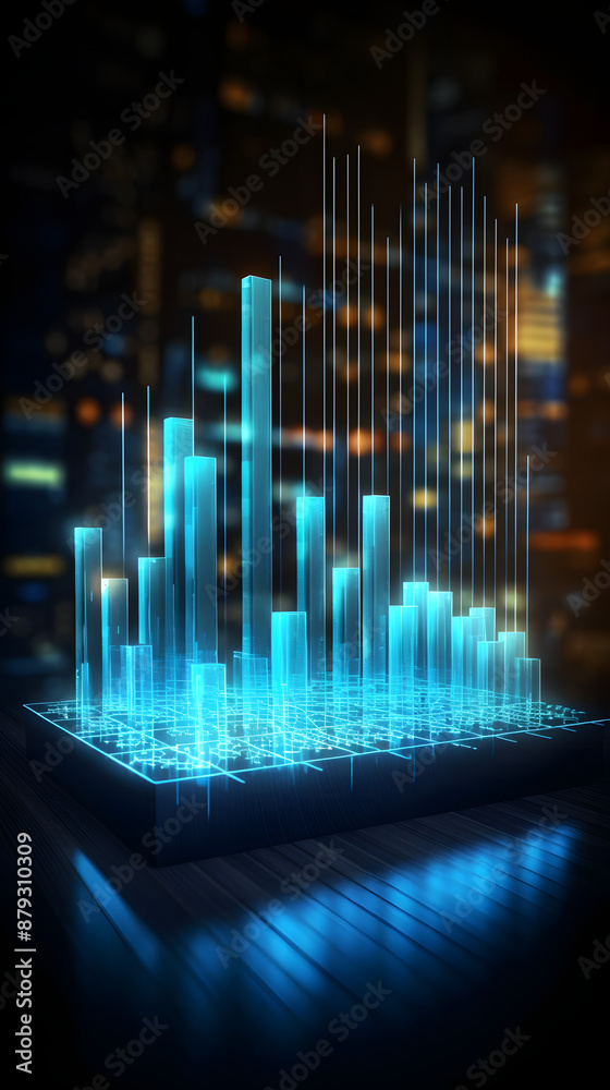 Digital blue business chart hologram graphics poster mobile phone background