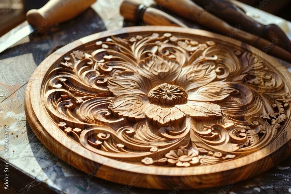 Round ornament with floral pattern made in wood carving art, traditional craftmanship Round ornament with floral pattern made in wood carving art, traditional craftmanship