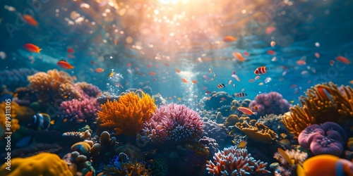 Underwater Scene Glows with Marine Life During Ocean Sunset. Concept Underwater Photography, Marine Life, Ocean Sunset, Glowing Scene