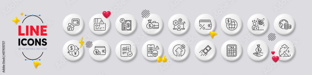 Salary, Difficult stress and Tax calculator line icons. White buttons 3d icons. Pack of Card, Buying accessory, Checked calculation icon. Budget, Online job, Loan percent pictogram. Vector Salary, Difficult stress and Tax calculator line icons. White buttons 3d icons. Pack of Card, Buying accessory, Checked calculation icon. Budget, Online job, Loan percent pictogram. Vector