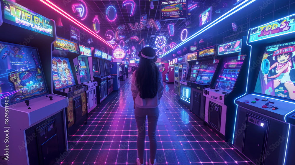 An immersive 1980s-inspired VR simulation set in a futuristic arcade. The environment is filled with vintage arcade machines, each emitting a soft neon glow. The floor is a grid of pulsating lights, An immersive 1980s-inspired VR simulation set in a futuristic arcade. The environment is filled with vintage arcade machines, each emitting a soft neon glow. The floor is a grid of pulsating lights,