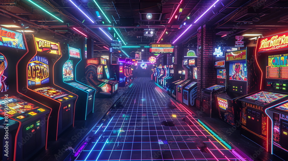 An immersive 1980s-inspired VR simulation set in a futuristic arcade. The environment is filled with vintage arcade machines, each emitting a soft neon glow. The floor is a grid of pulsating lights, An immersive 1980s-inspired VR simulation set in a futuristic arcade. The environment is filled with vintage arcade machines, each emitting a soft neon glow. The floor is a grid of pulsating lights,