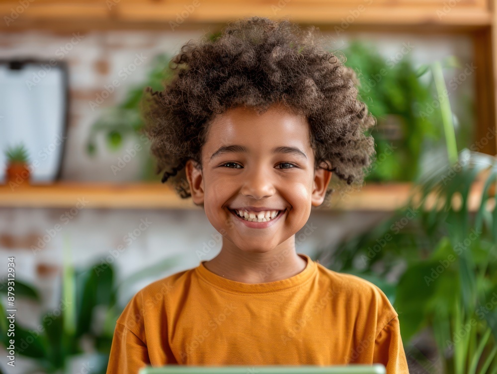 Fototapeta premium Happy Child Smiling During Video Call with Relatives on Tablet, Modern Family Communication Technology