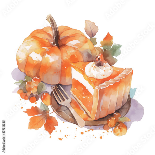 A slice of pumpkin pie sits on a plate with a fork next to it. The pie is topped with whipped cream and surrounded by autumn leaves