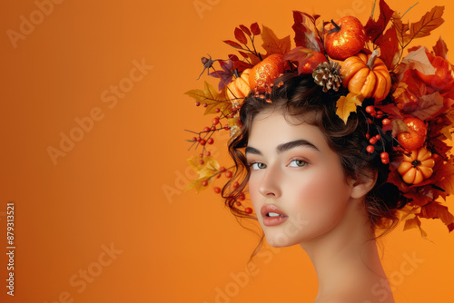 Young woman with perfect skin and autumnal makeup is posing with a crown of leaves and pumpkins